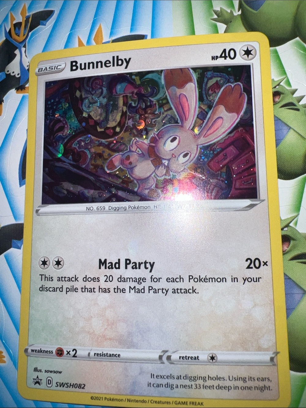 Pokemon Bunnelby Card — Yellow Border with Pink Character Art SWIRL 🌀